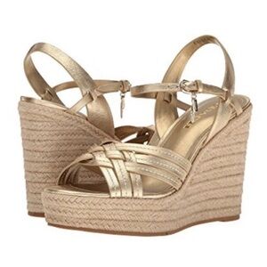 Coach Dottie Gold Metallic Leather Jute Espadrille Wedge Sandals Size 7.5